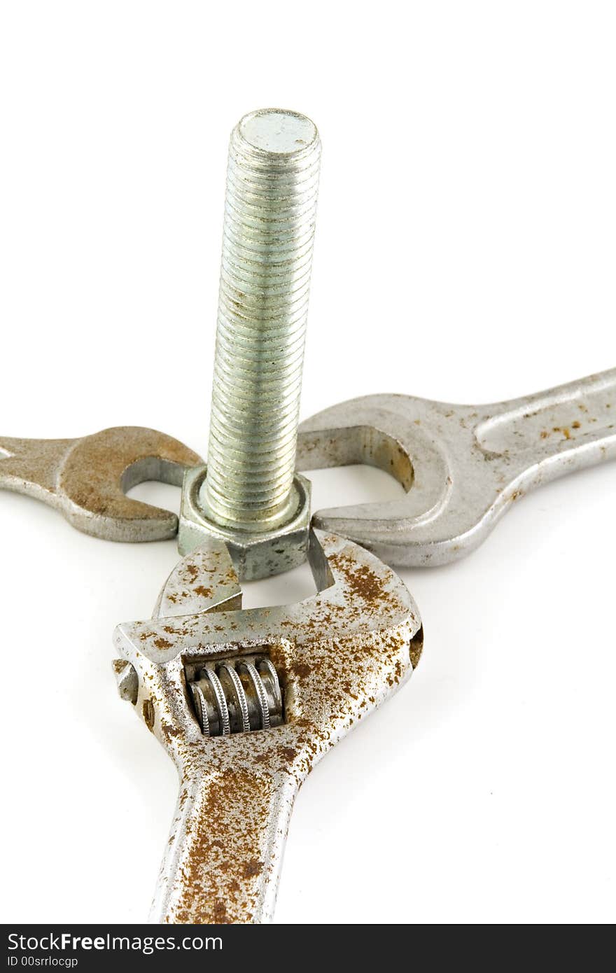 and rusty wrench on white background. Isolated object. and rusty wrench on white background. Isolated object.