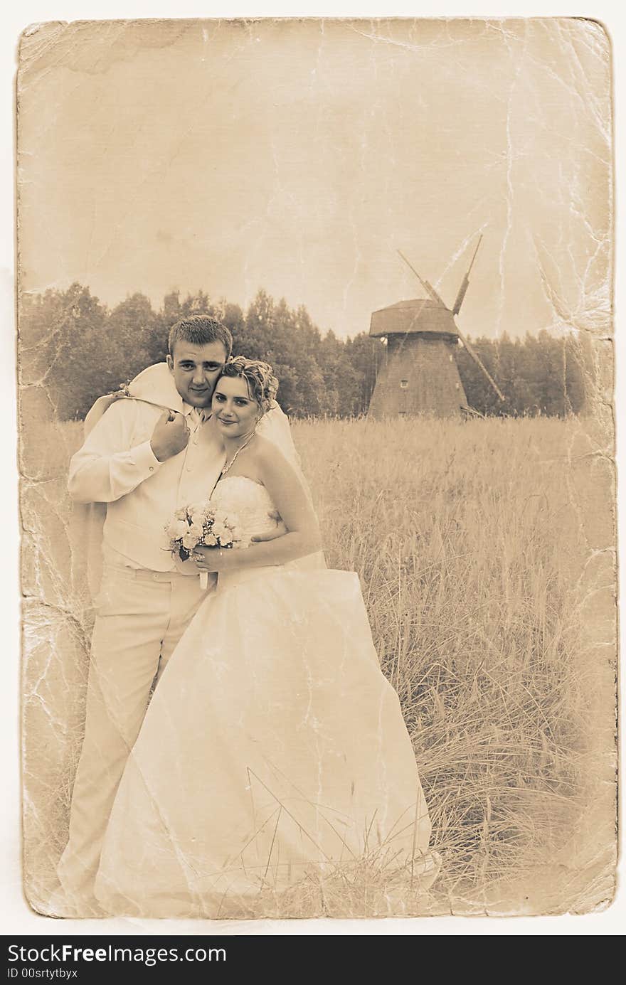 Bride and groom retro looking portrait. Bride and groom retro looking portrait