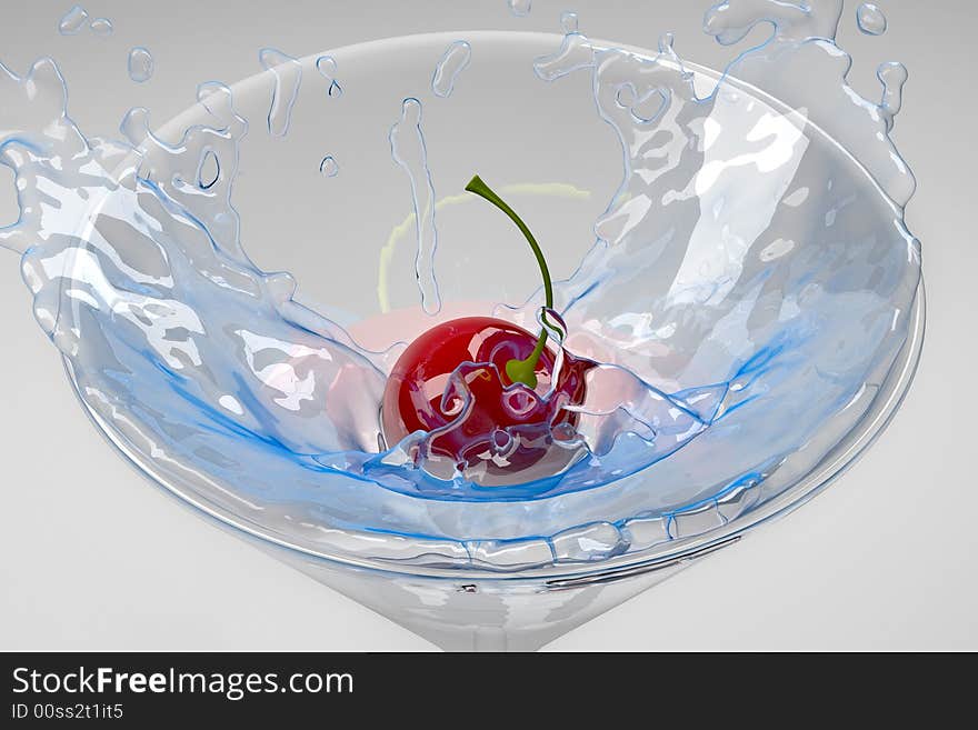 Close-up color illustration of an cherry splashing down into a cocktail glass. Classic food\drinking concept on white background. Close-up color illustration of an cherry splashing down into a cocktail glass. Classic food\drinking concept on white background