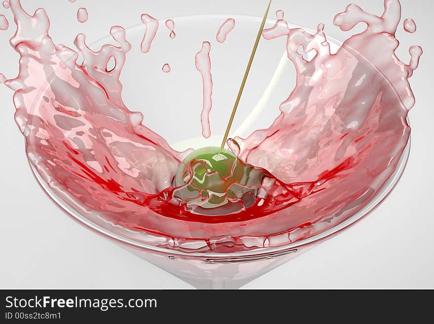 Close-up color illustration of an olive splashing down into a cocktail glass. Classic food\drinking concept on white background. Close-up color illustration of an olive splashing down into a cocktail glass. Classic food\drinking concept on white background