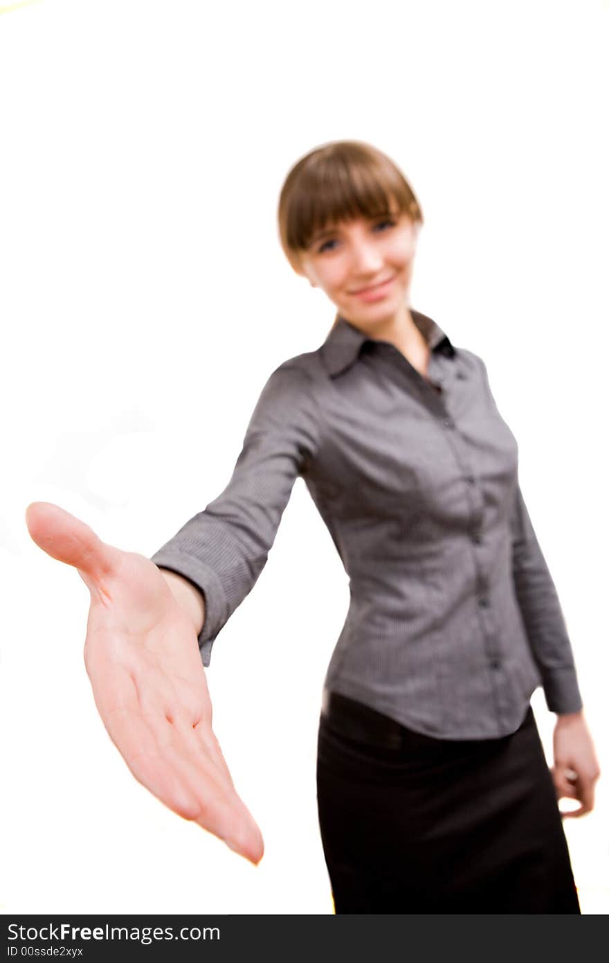 Friendly smiling businesswoman. Isolated over white background