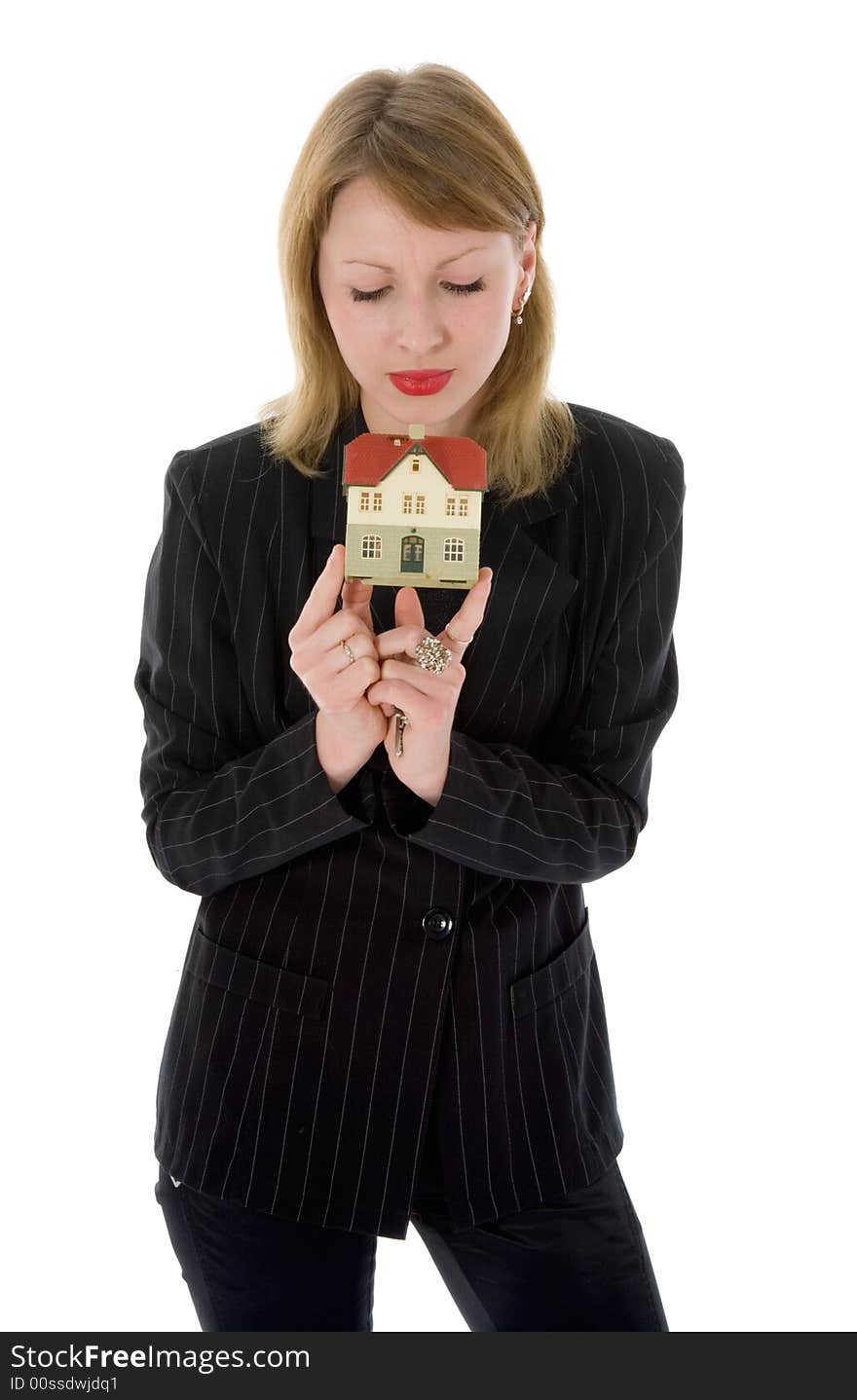 Business woman advertises real estate on white background