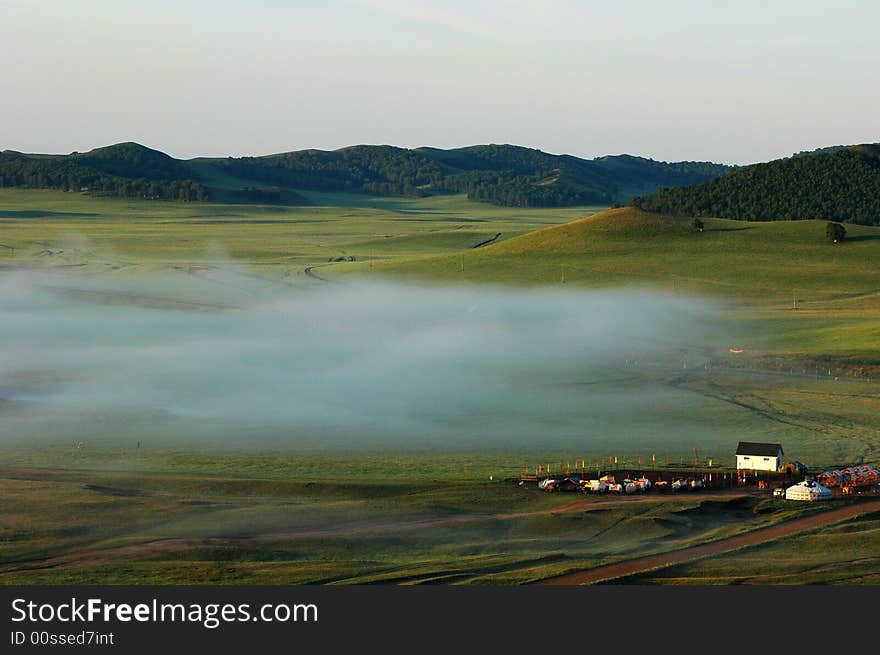 The fog uprising on the grassland