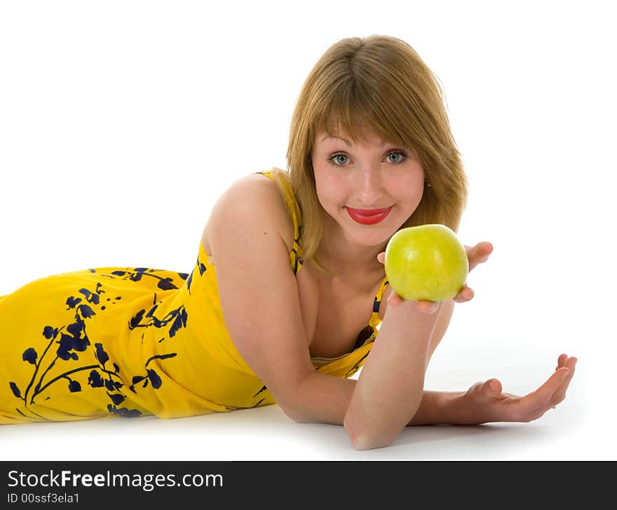 Expressive woman with aple on white background