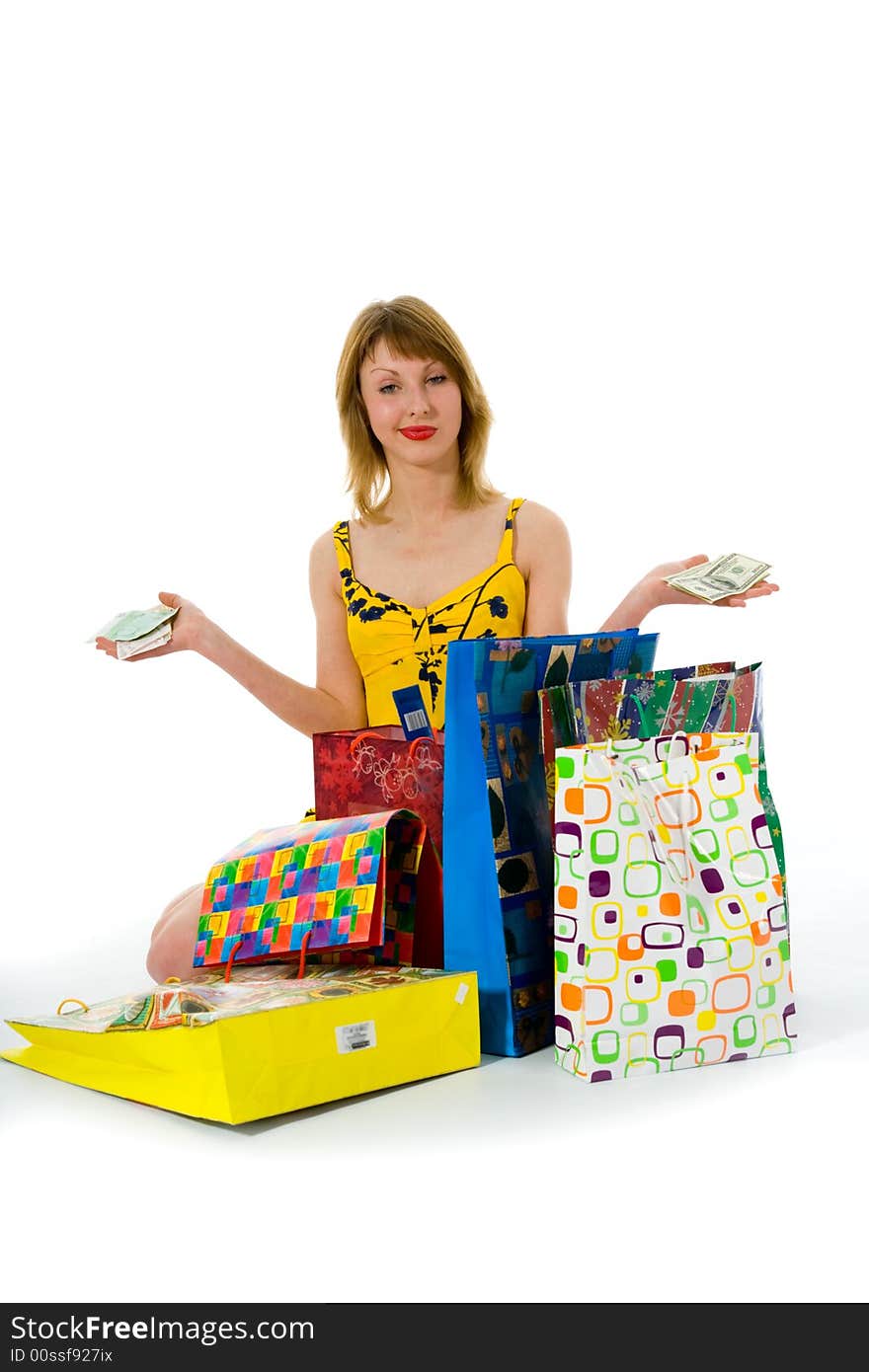 Expressive woman  on white background  shopping. Expressive woman  on white background  shopping