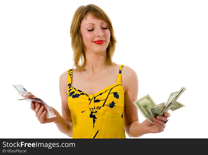 Expressive woman  on white background  shopping. Expressive woman  on white background  shopping