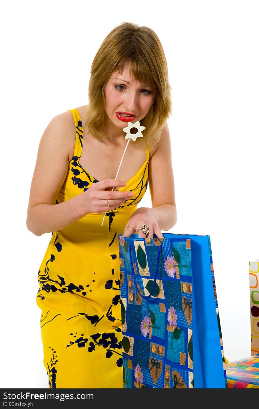 Expressive woman  on white background  shopping. Expressive woman  on white background  shopping