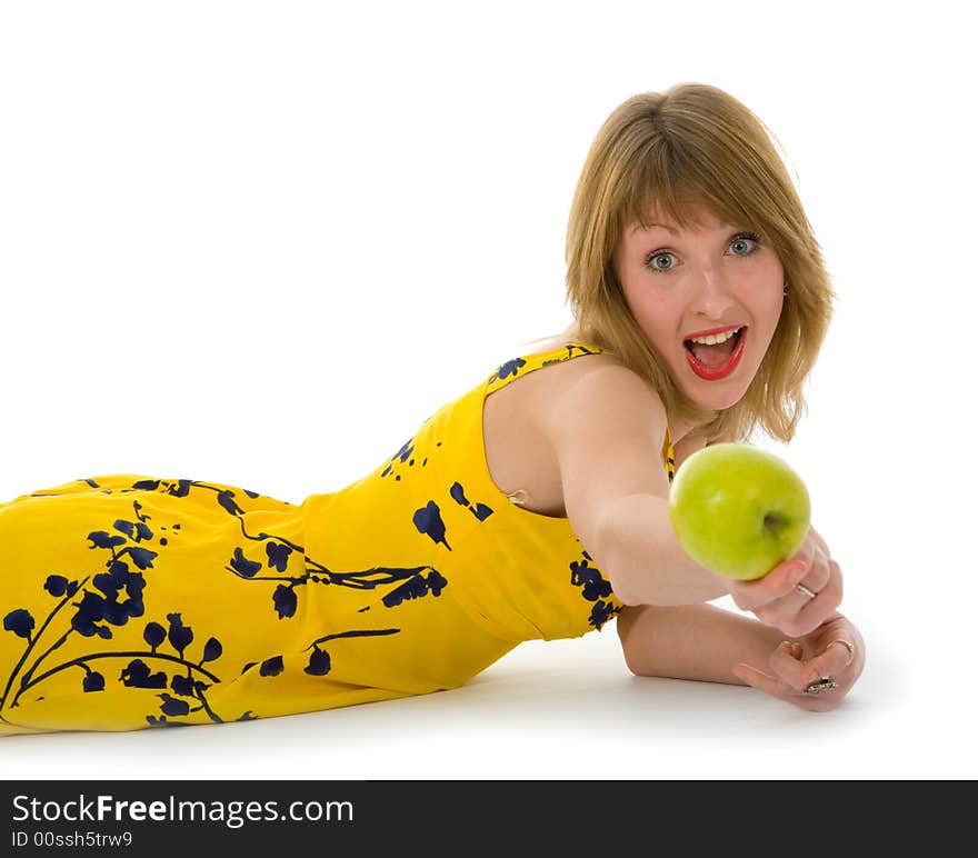 Expressive woman with aple on white background