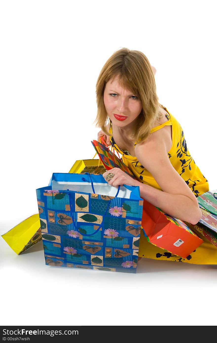 Expressive woman  on white background  shopping. Expressive woman  on white background  shopping