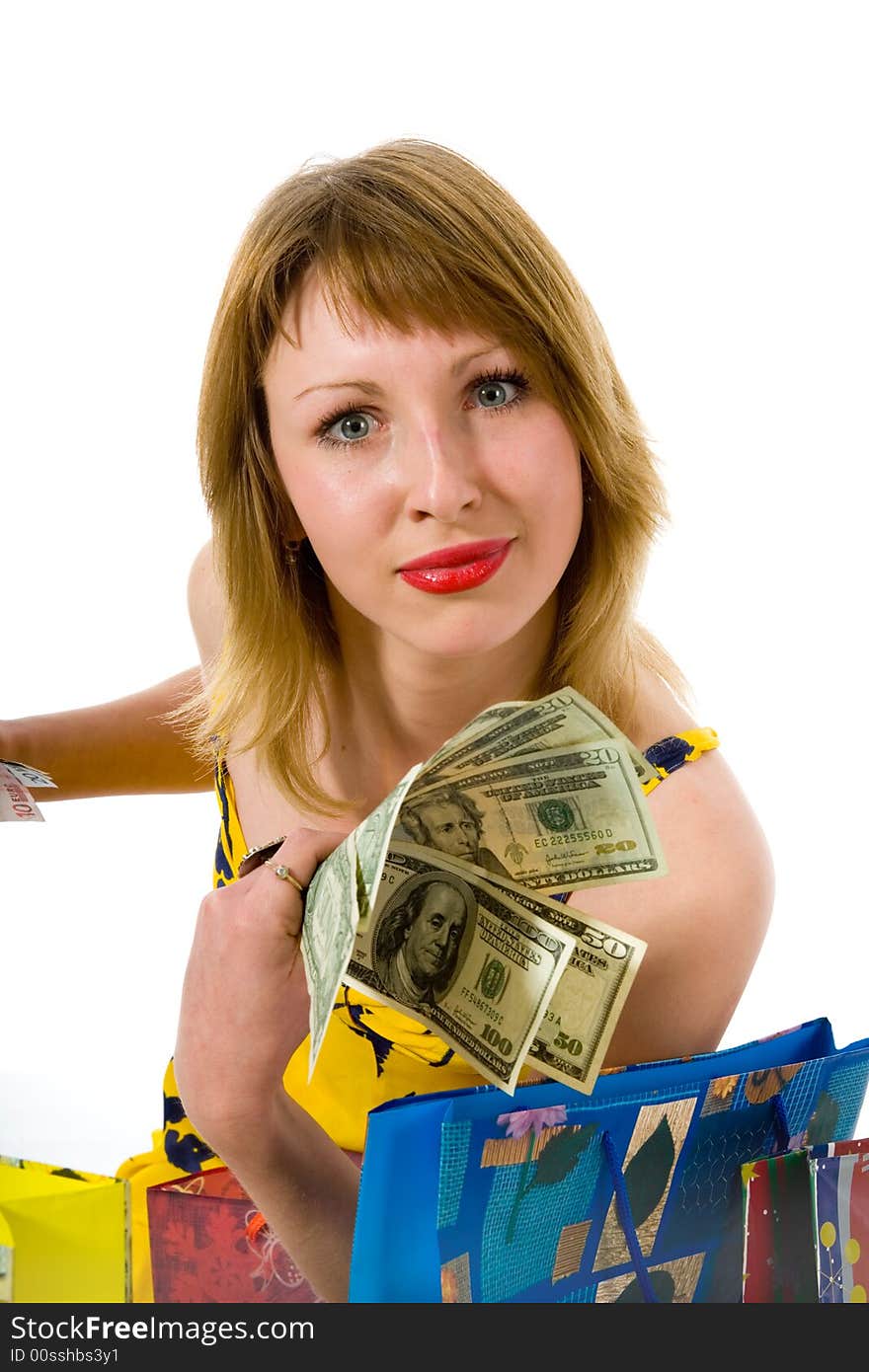 Expressive woman  on white background  shopping. Expressive woman  on white background  shopping