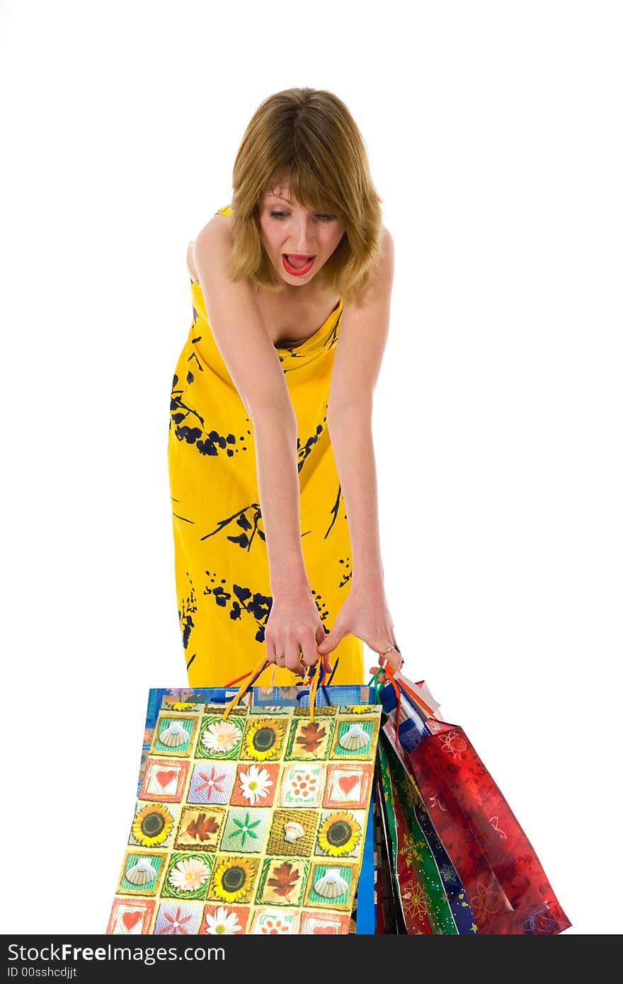 Expressive woman  on white background  shopping. Expressive woman  on white background  shopping