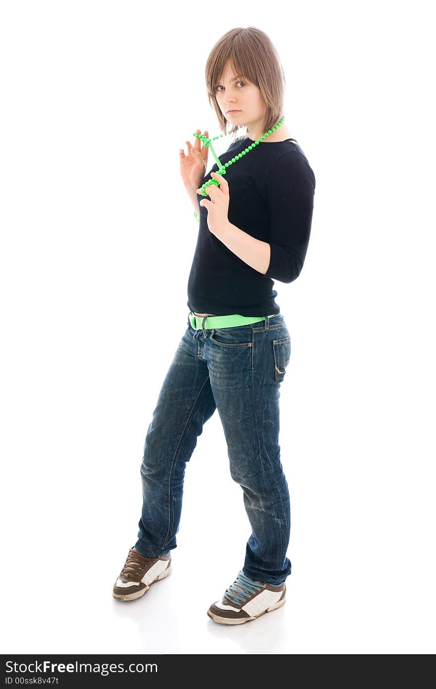 The young beautiful girl with a beads isolated on a white background