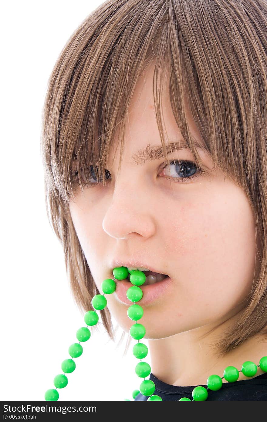 The young beautiful girl with a beads isolated on a white background