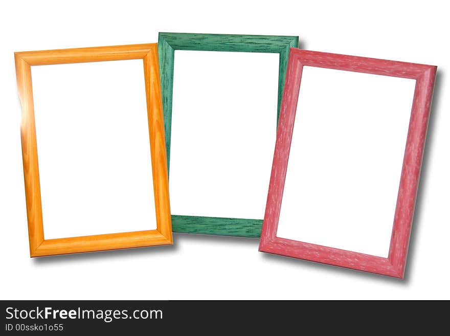 Colored wooden frames on white background