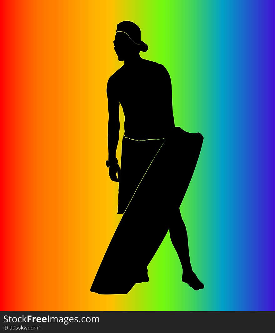 Kiter with a board on a background of a rainbow