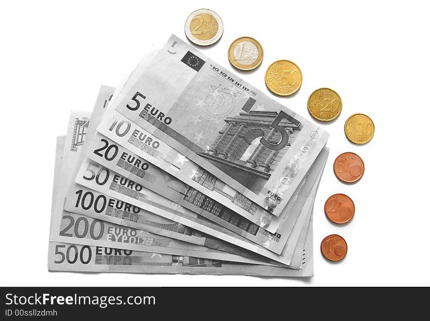 Pile of Euros: 0,01, 0,02, 0,05, 0,10, 0,20, 0,50, 1, 2, 5, 10, 20, 50, 100, 200 and 500 euro