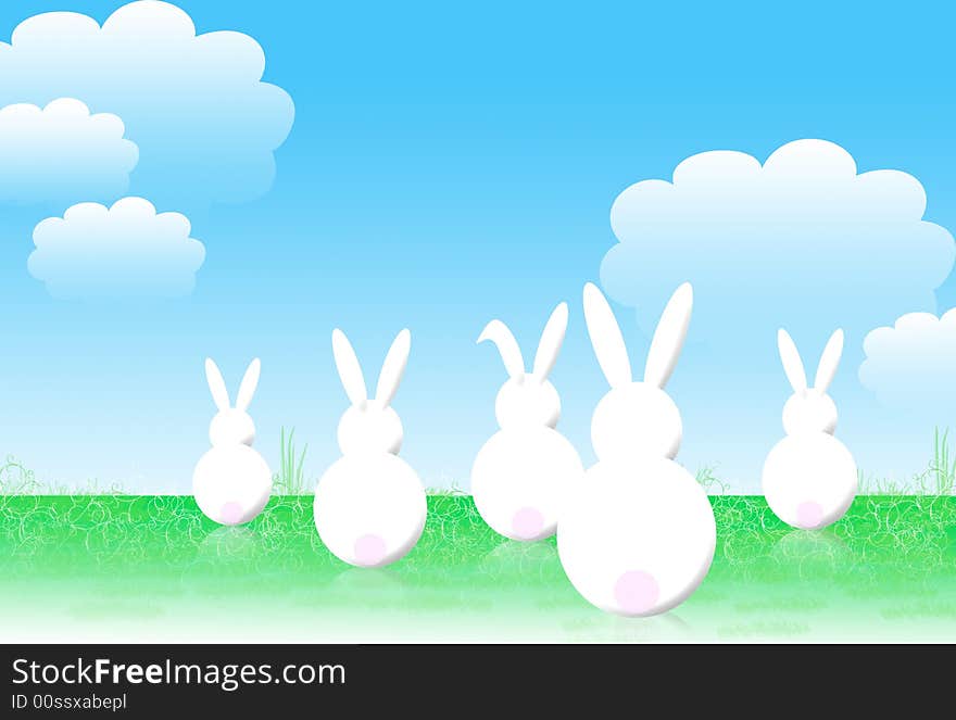 Some white easter bunnies in a blue background. Some white easter bunnies in a blue background