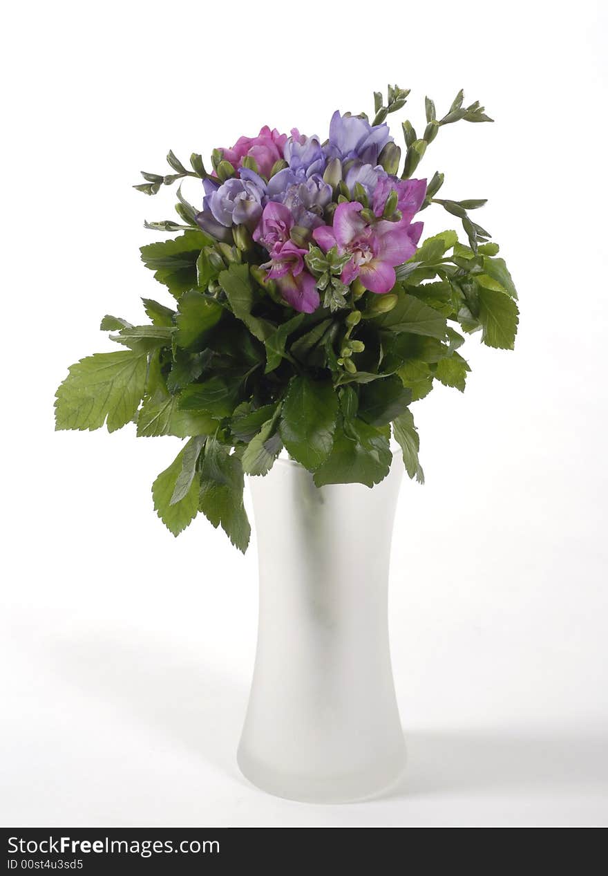 Colored flowers and leaf in vase