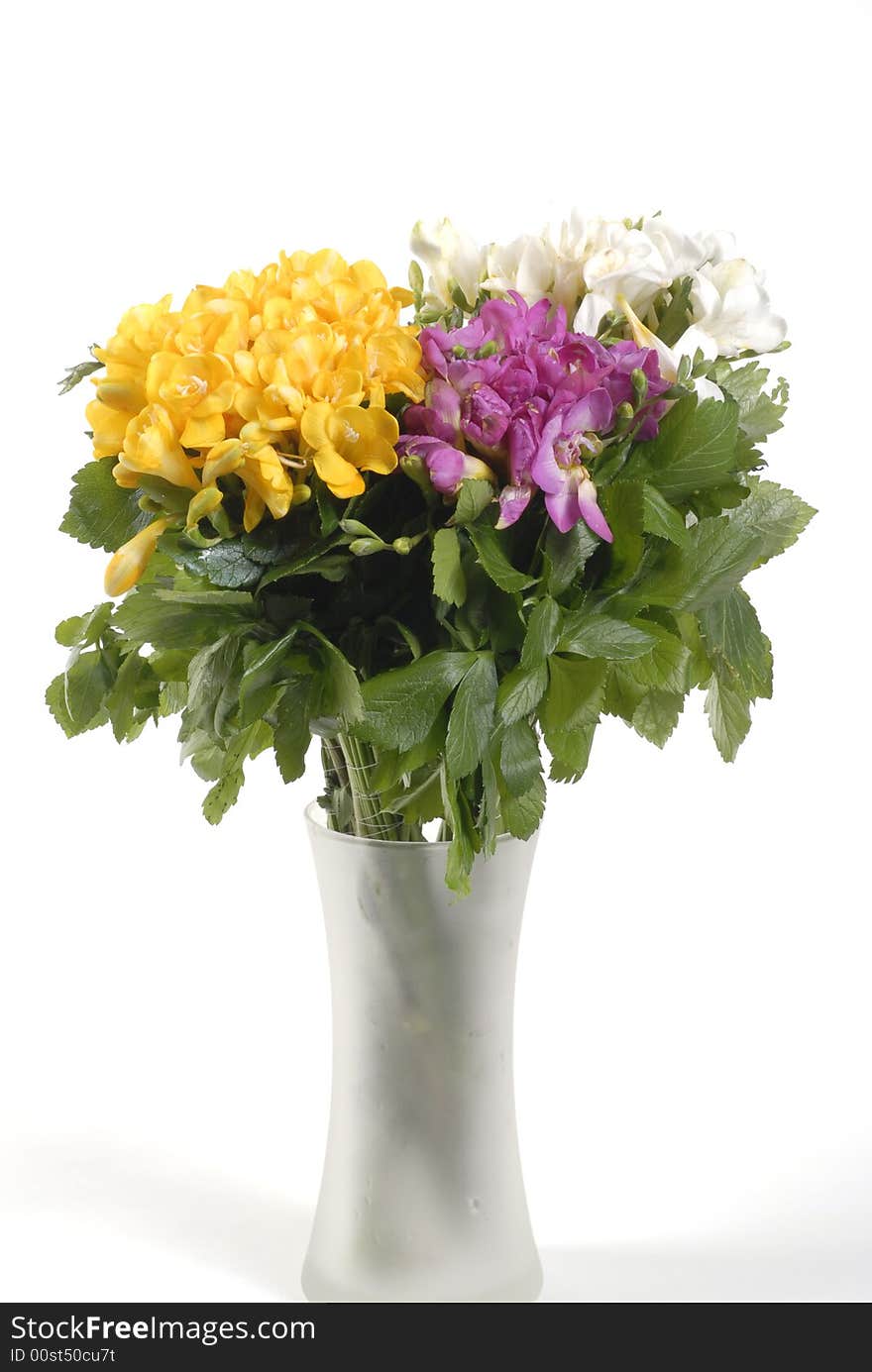 Different color  flowers and leaf in glass vase. Different color  flowers and leaf in glass vase