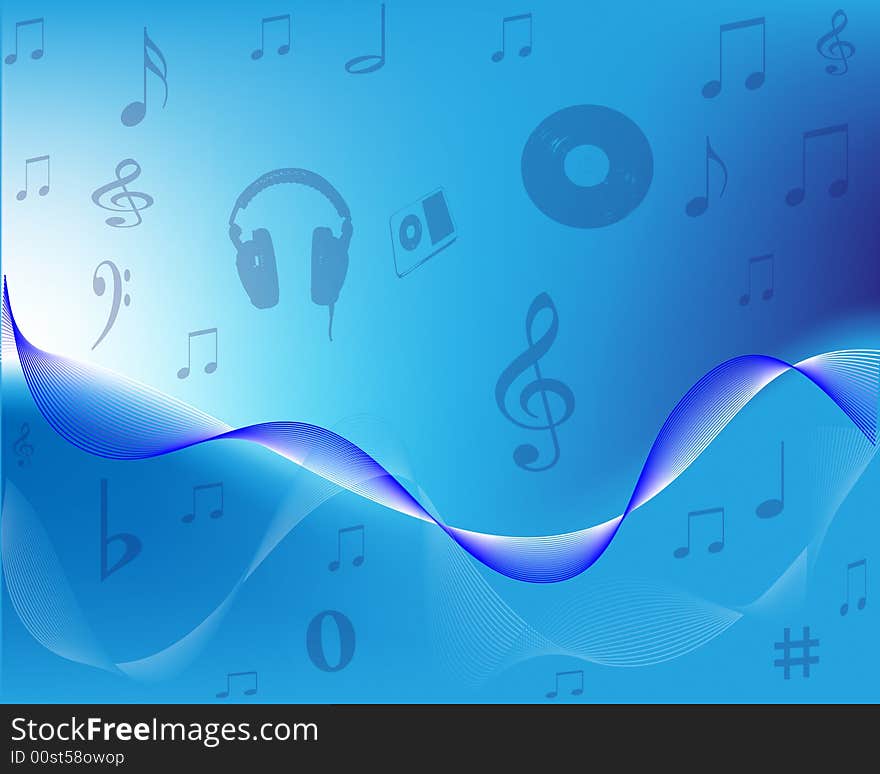 Blue and white background with swirls showing musical notes