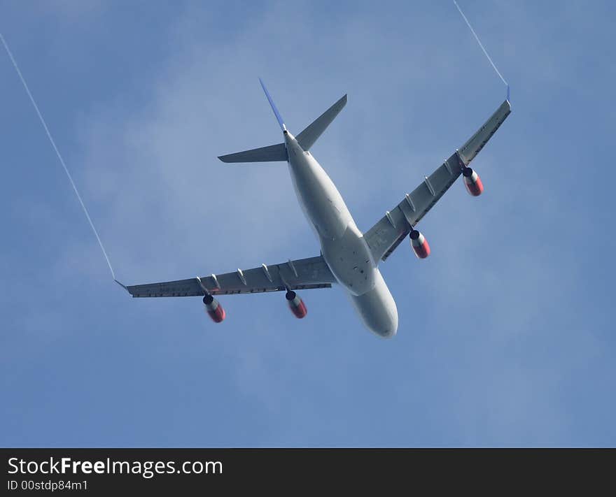 An airplane on the way to some destination. An airplane on the way to some destination.