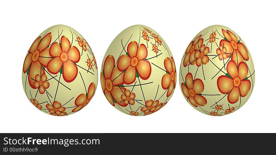 Digital creation of three easter eggs decorated with floral motifs.