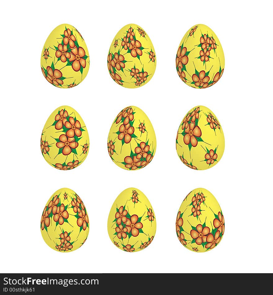 Digital creation of an nine golden easter egg decorated with floral motifs.