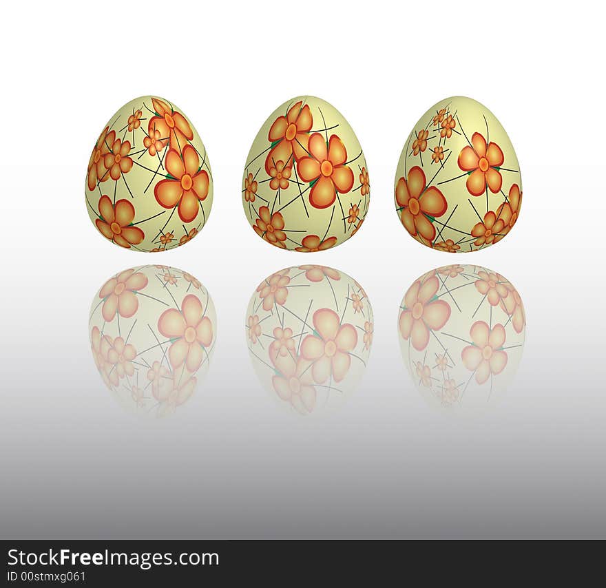 Three decorated Easter eggs in mid air above a reflective grey surface. Three decorated Easter eggs in mid air above a reflective grey surface