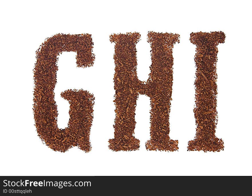 Tobacco letters GHI, white background isolated