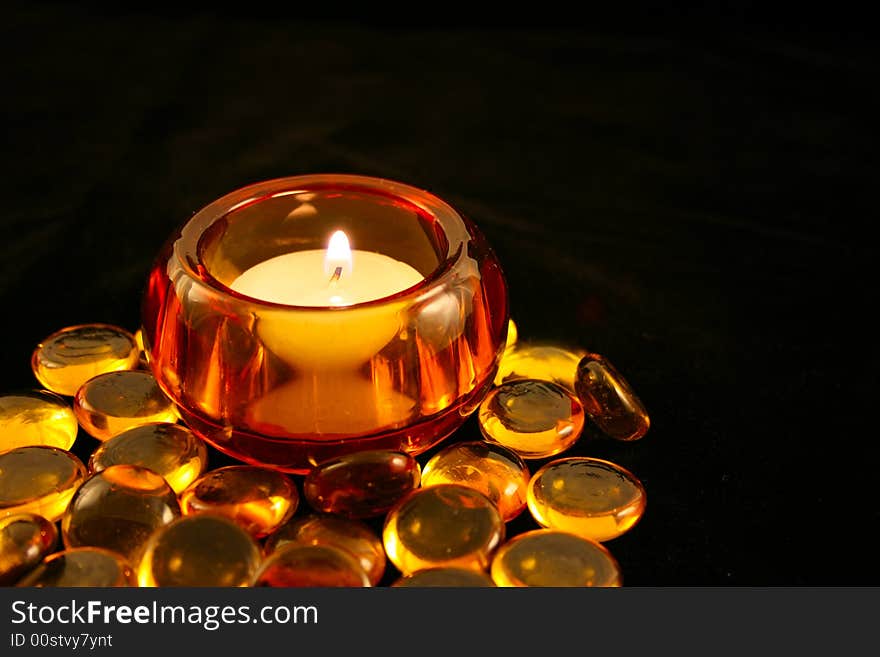 Candle In Amber Holder With Beads