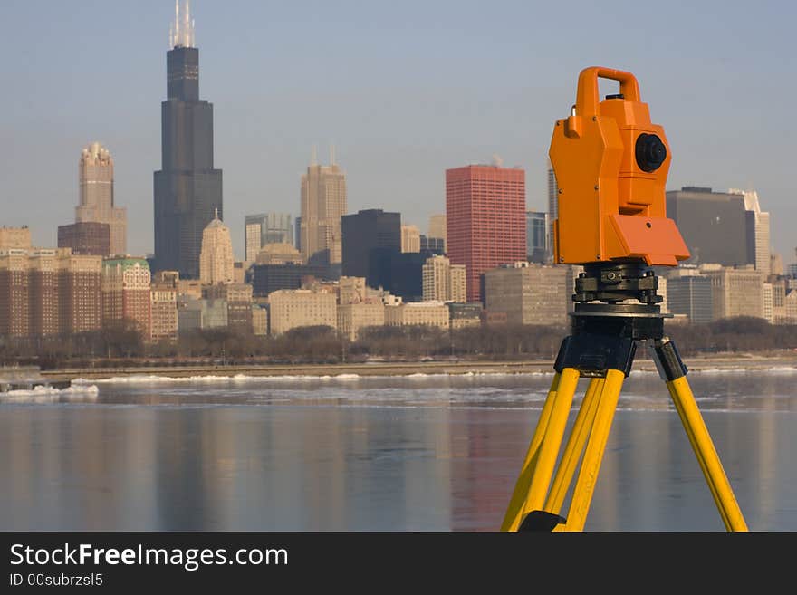 Theodolite set in downtown Chicago.