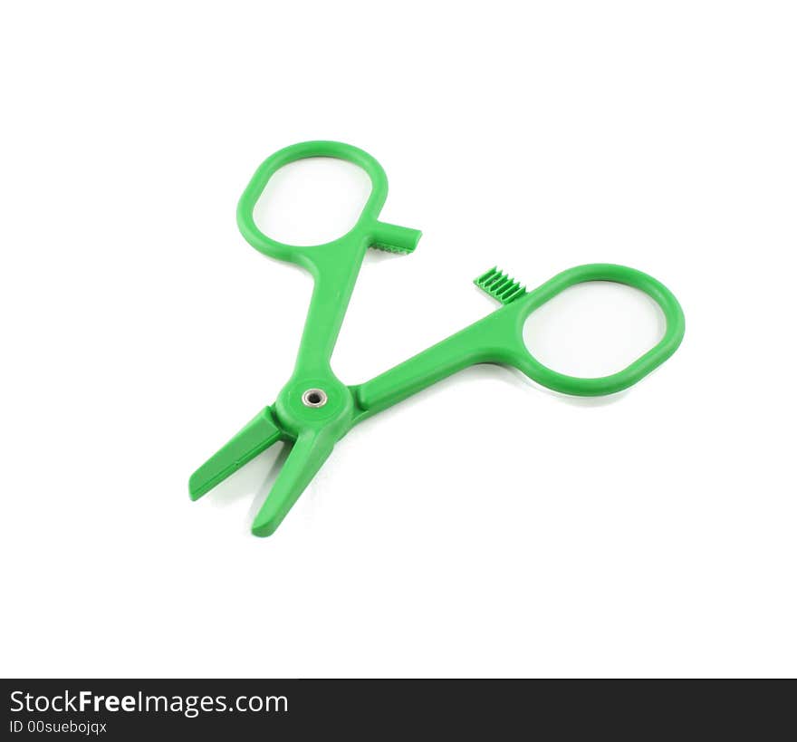 Open green hemostat on white background