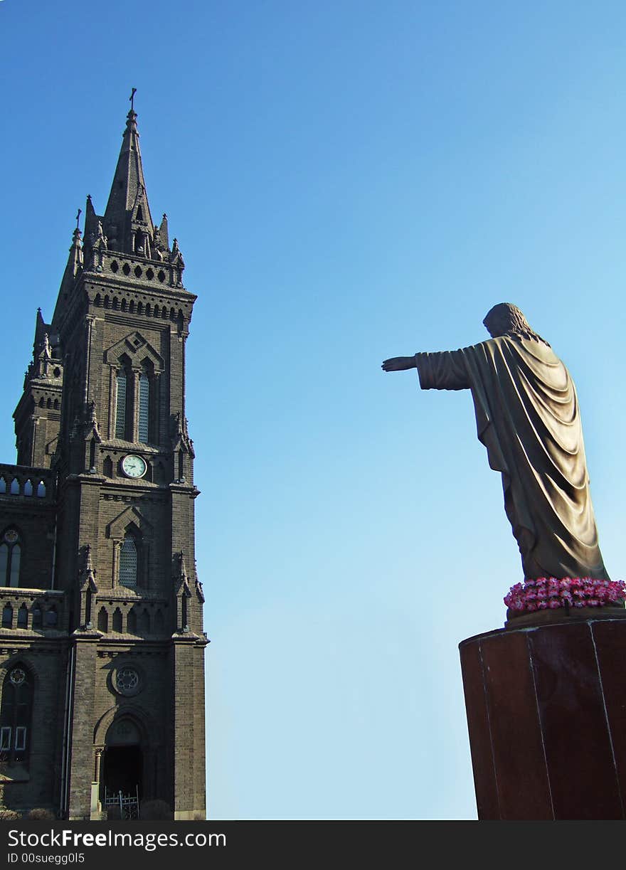 A tower and a Christ statue in a church, Shenyang City, China