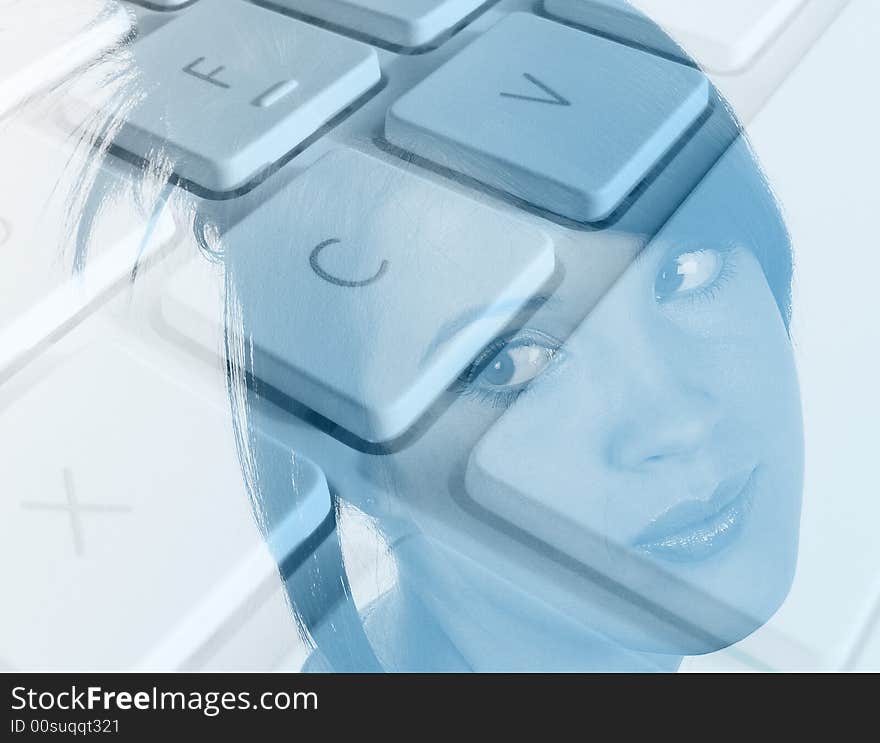 Young attractive female overlaid onto laptop keyboard. Young attractive female overlaid onto laptop keyboard