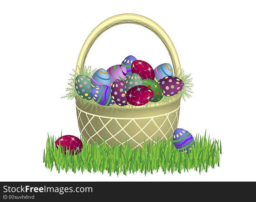 Illustration of easter basket in grass on white background. Illustration of easter basket in grass on white background