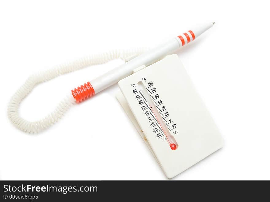 Pencil and thermometer on the white isolated background