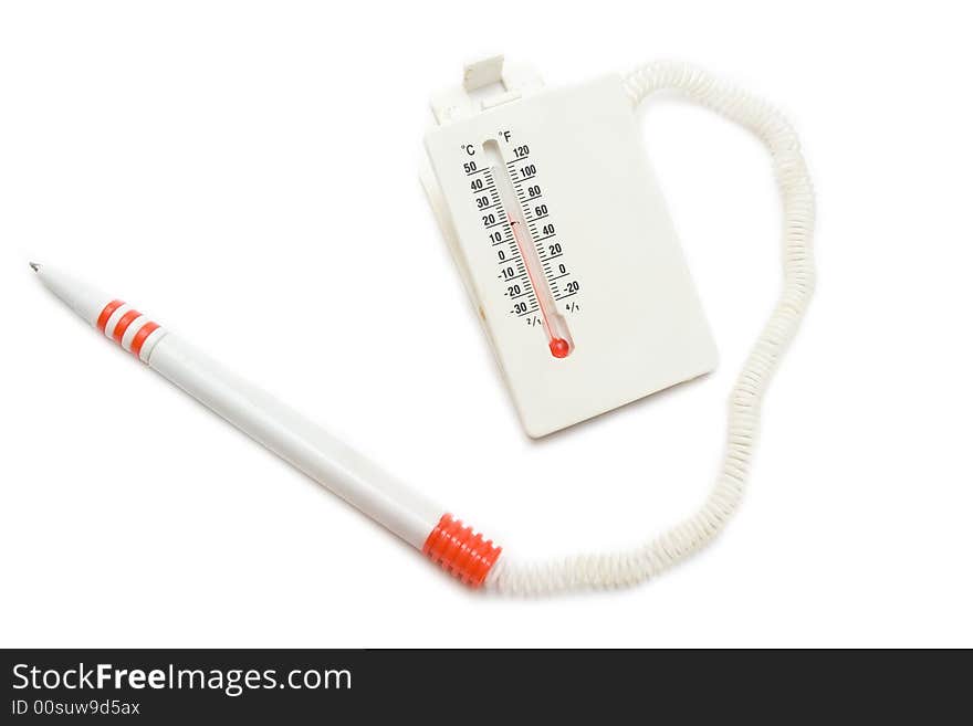 Pencil and thermometer on the white isolated background