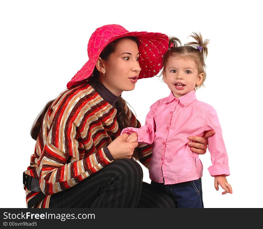 Daughter and mother on white background