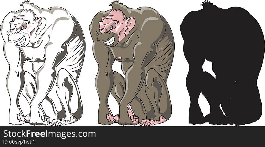 Big angry ape standing, including ape silhouette, and outline ape. Big angry ape standing, including ape silhouette, and outline ape.