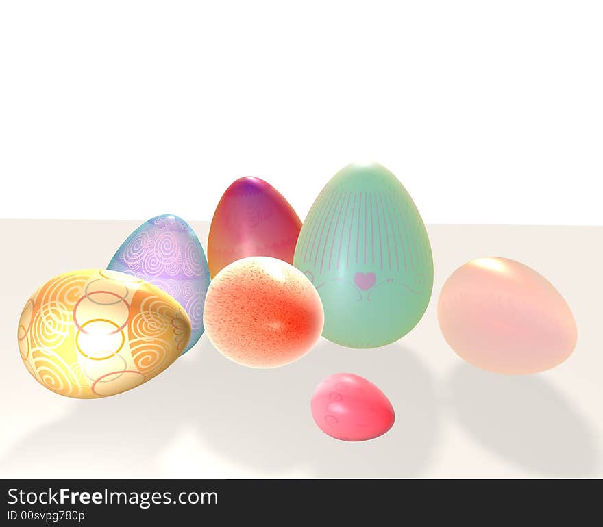 Seven colorful Easter eggs displayed