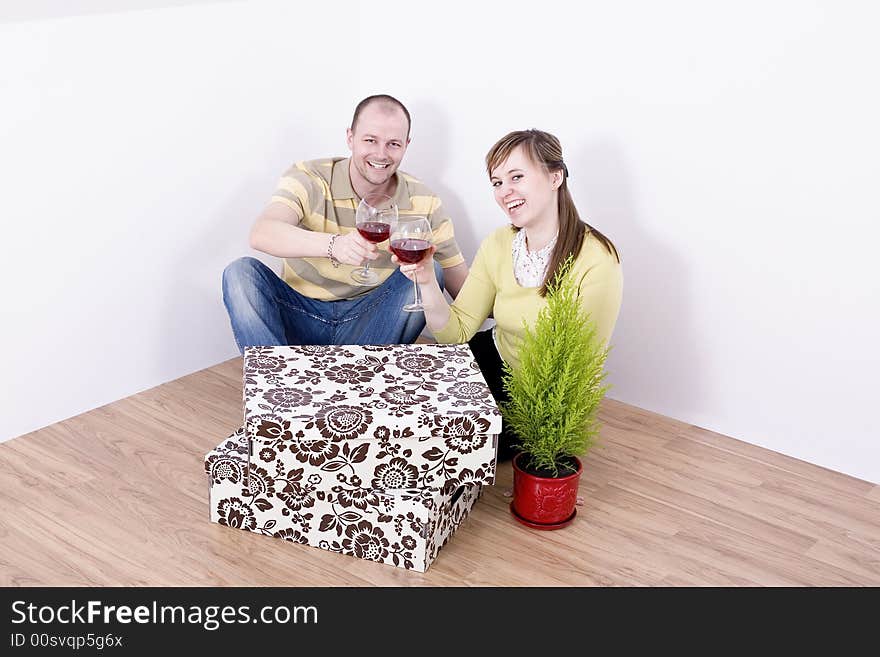 Portrait of young smiling couple in their new home.