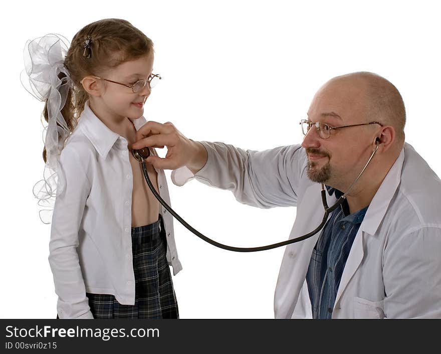 The doctor listens heartbeat the small patient. Isolated on white background. The doctor listens heartbeat the small patient. Isolated on white background.