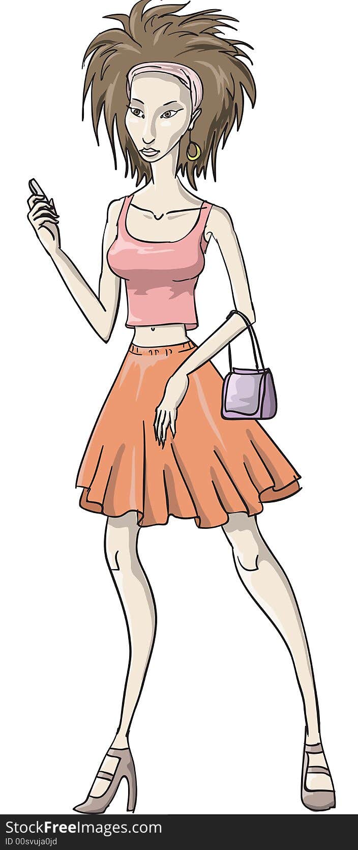 Young woman with pink shirt and orange dress holding a purse and a cellphone. Young woman with pink shirt and orange dress holding a purse and a cellphone