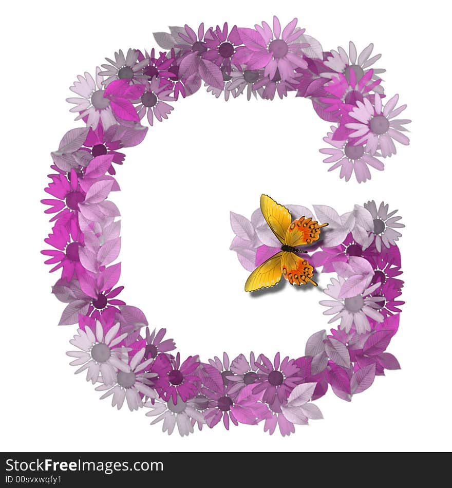 Alphabetical letter forms pink daisy color consonant G. Alphabetical letter forms pink daisy color consonant G