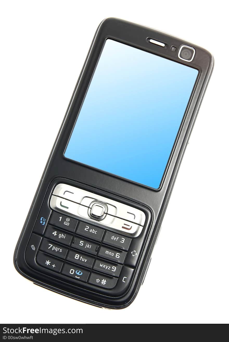 A photo of a black cell phone isolated on white. A photo of a black cell phone isolated on white.