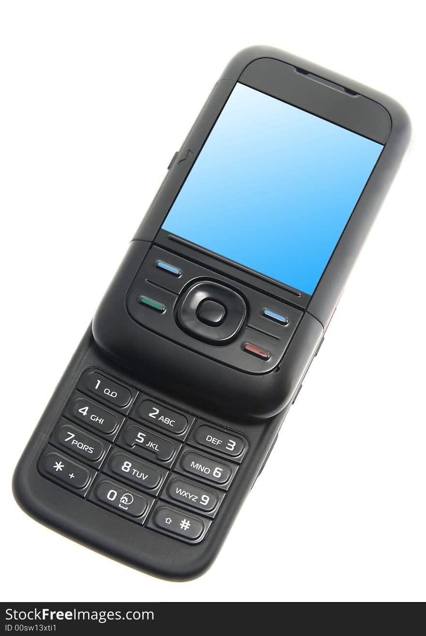 A photo of a black cell phone isolated on white. A photo of a black cell phone isolated on white.