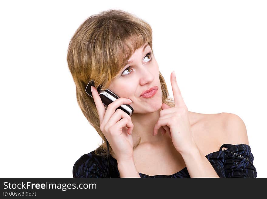 Beautiful girl stopped thinking while talking by phone. Beautiful girl stopped thinking while talking by phone