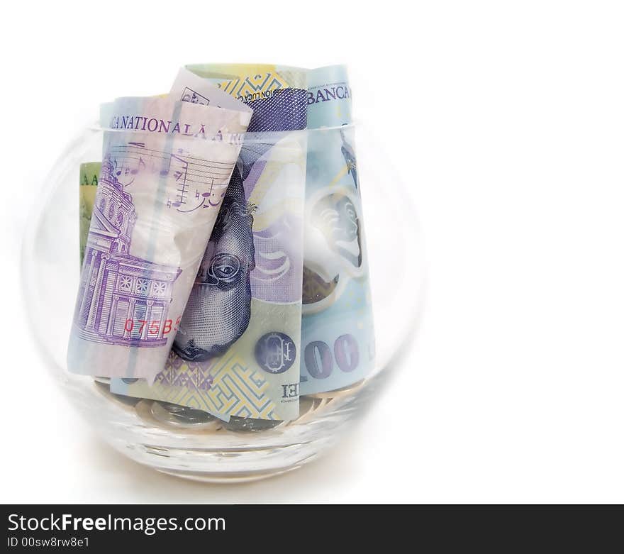 Banknotes in a glass, on a white background