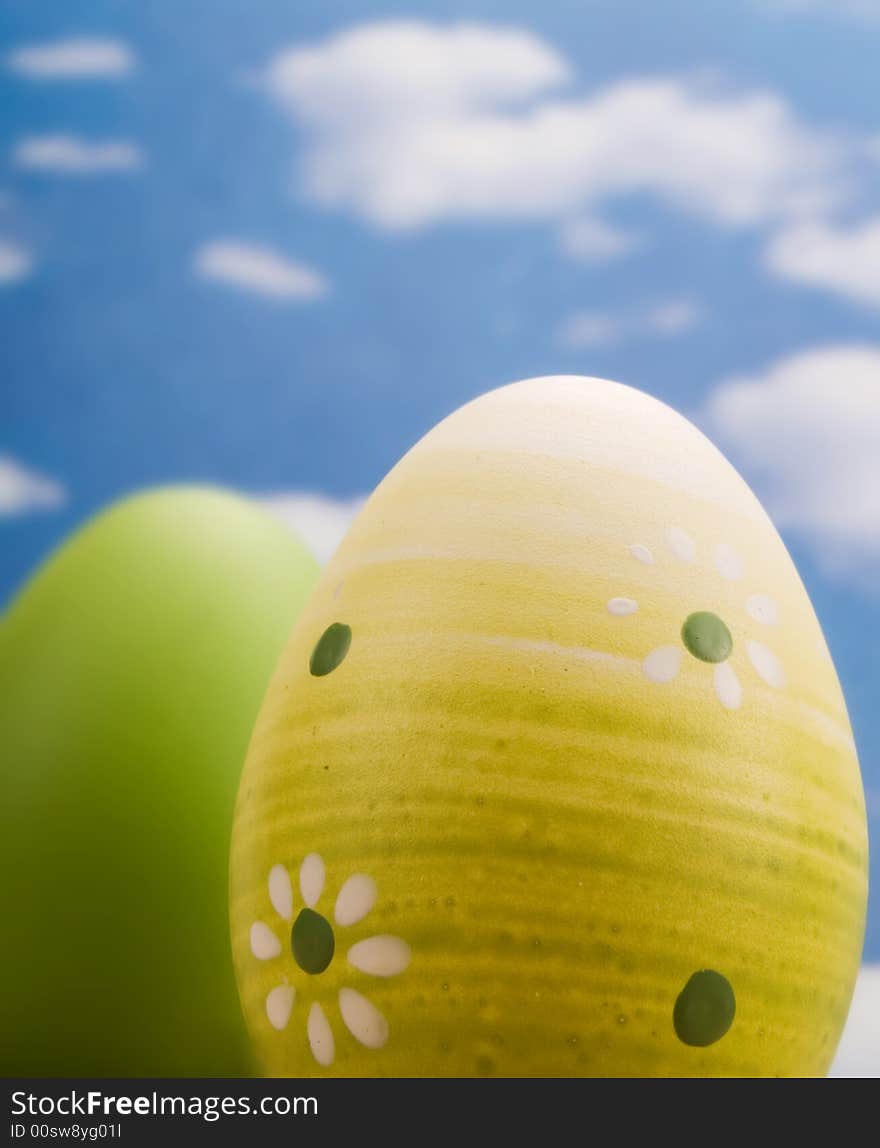 Easter eggs over a blue sky