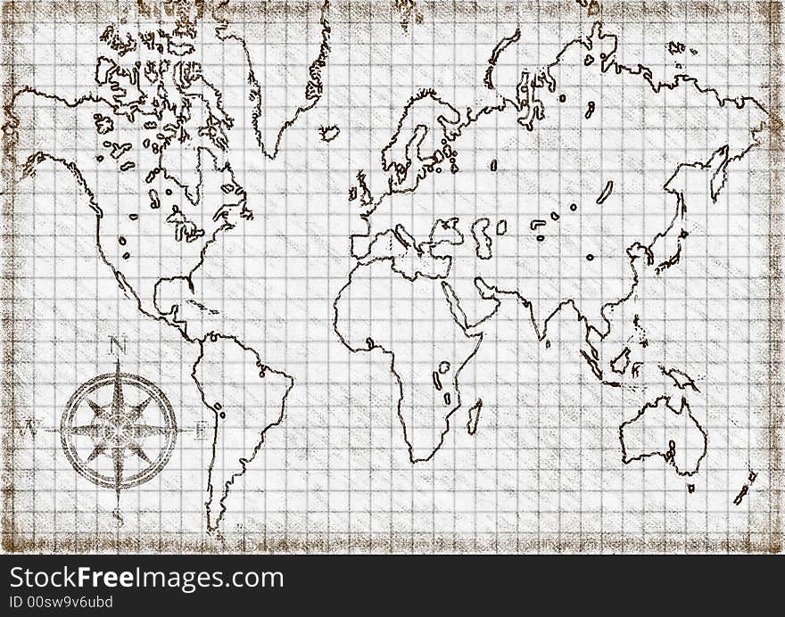 Illustration of computer generated old map of the world. Illustration of computer generated old map of the world